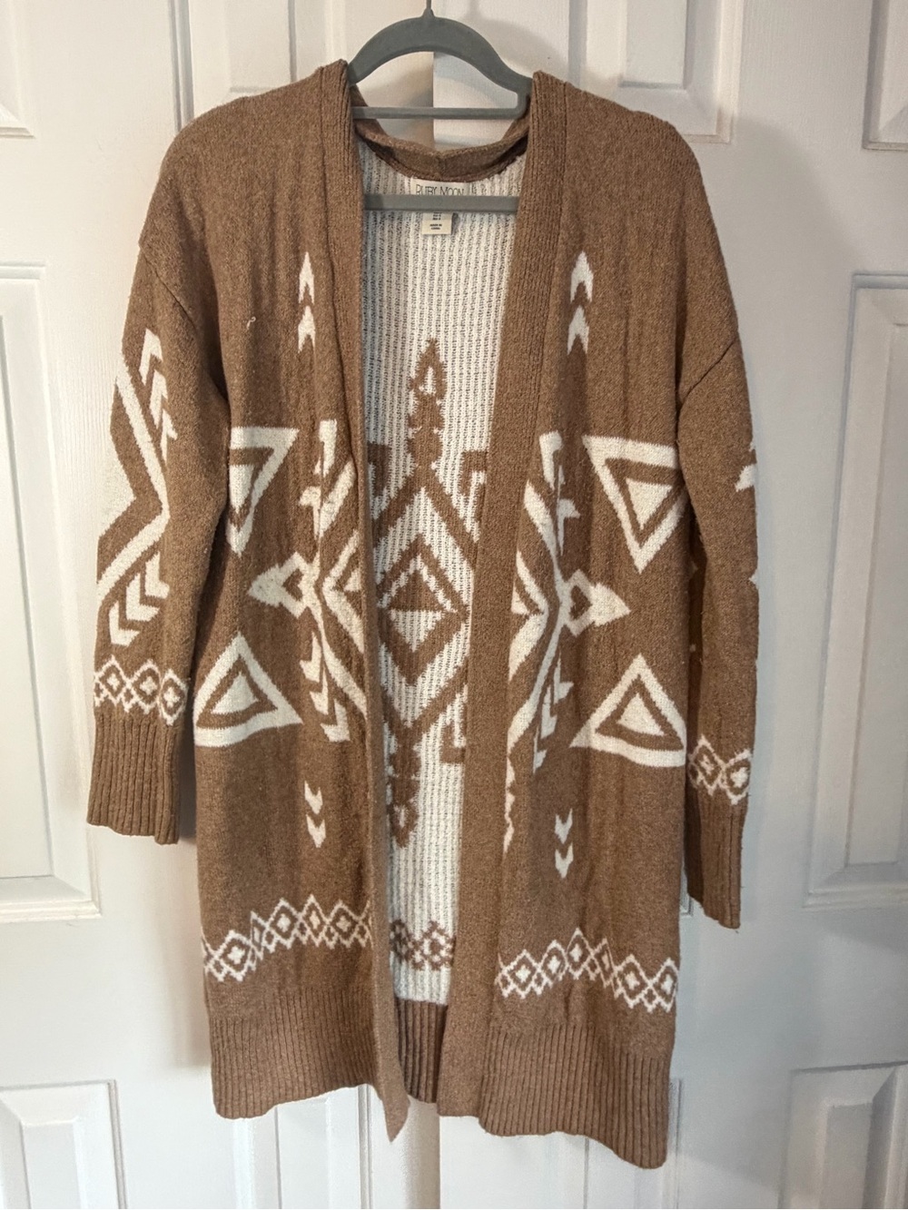 Tan Tribal Open-Front Cardigan Sweater - Brown